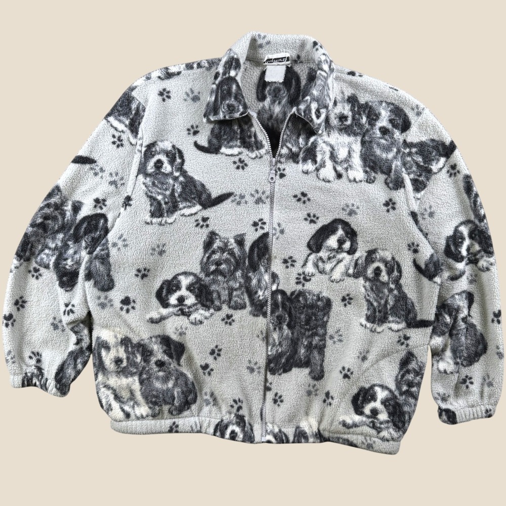 Vintage Bonworth Fleece Jacket Women XL Gray Dog Puppy Grandmacore Kitsch Cozy